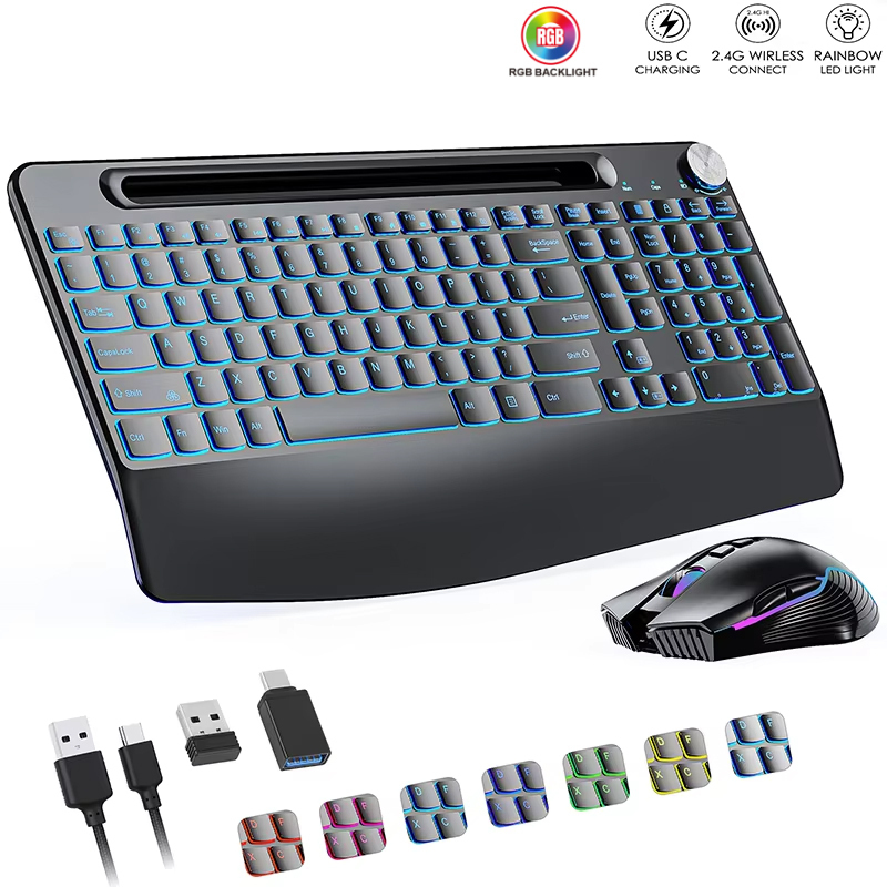 Gaming Keyboard And Mouse Set - ワイヤレスキーボードとマウスのセットCタイプ,リストレスト付き,RGBバックライト,PC,ラップトップ,ウィンドウ,ジグラー用の充電式サイレントセット,2.4g