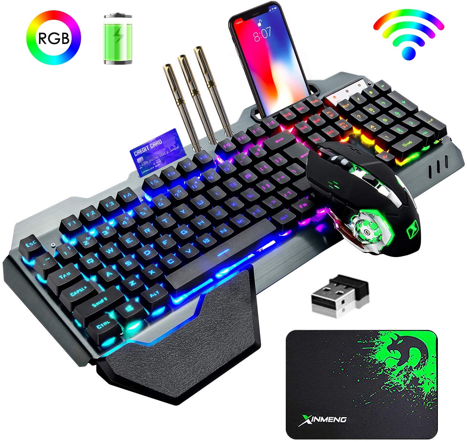 Gaming Keyboard Mouse Combo - K680ワイヤレスゲーミングキーボードとマウスの組み合わせ、レインボーLEDバックライト付きキーボード、充電式3800mAhバッテリー、金属パネル