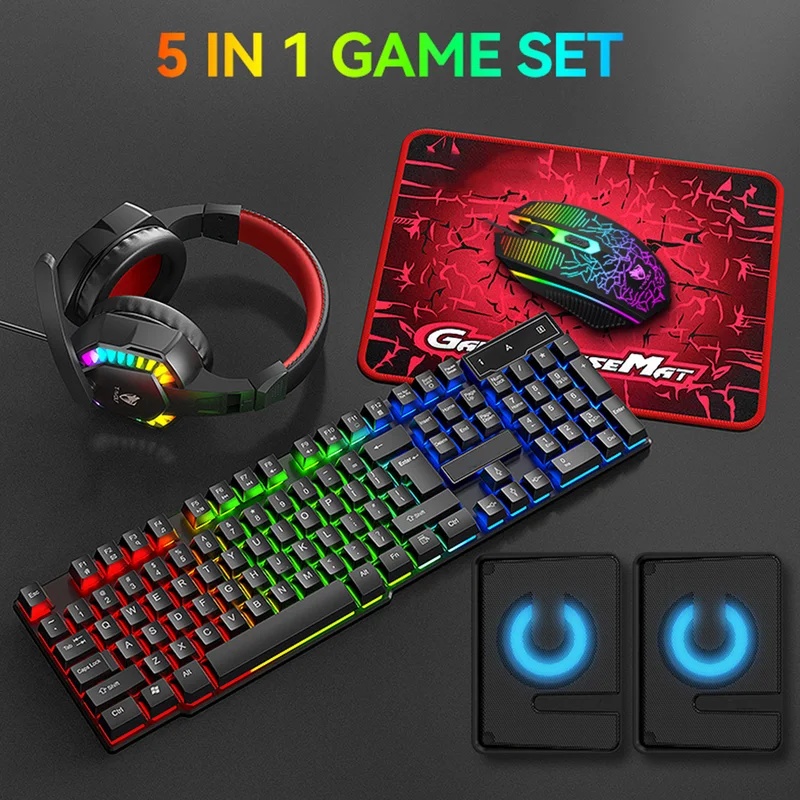 Gaming Keyboard And Mouse Set - 5-in-1 ゲーミングコンボセット：キーボード、4色呼吸ライトマウス、3.5mmゲーミングヘッドセット、ゲーミングスピーカー、滑り止めマウスパッド、新発売