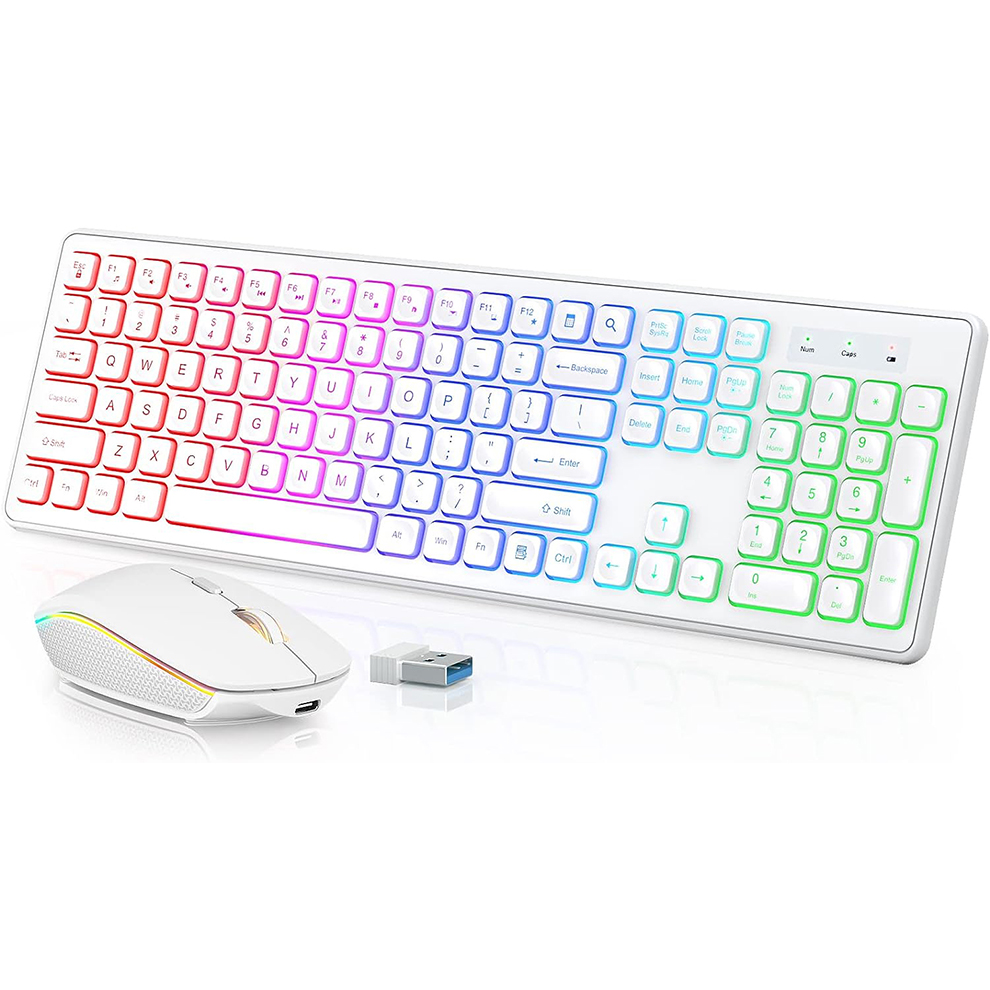 Gaming Keyboard And Mouse Set - バックライト付きワイヤレスキーボードとマウス、静かなライトアップキー、傾斜脚、コンピュータ、PC、ラップトップ用の充電式USBコードレスコンボ