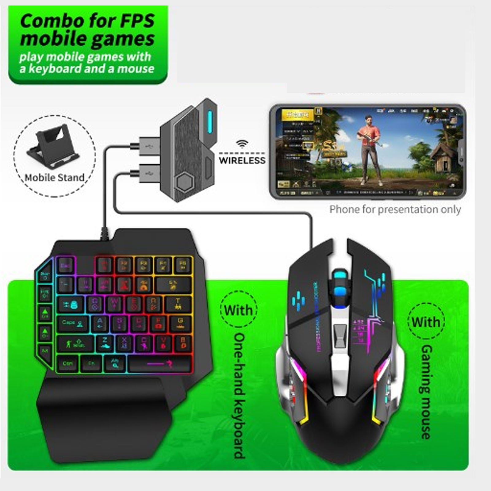 モバイルゲームコンボパック Bluetooth接続 片手キー - Gaming Keyboard Mouse Combo のレビューと価格